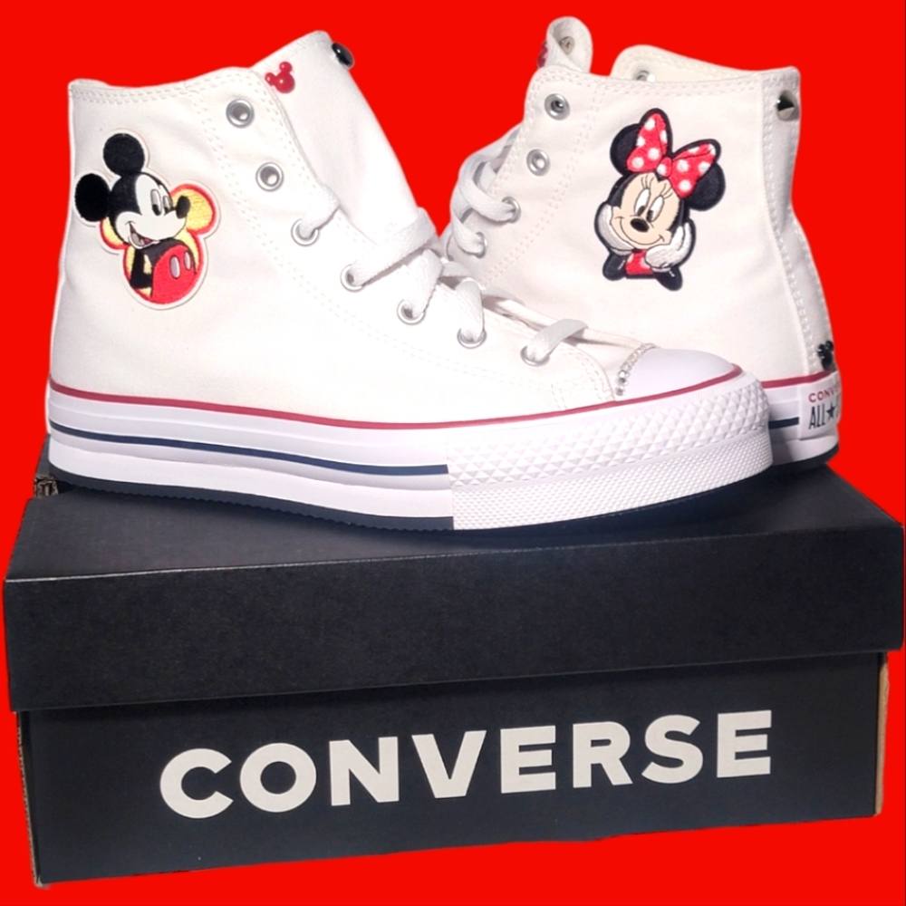 Women's White Chuck Taylor Platforms Customized with Mickey/Minnie Mouse 7.5